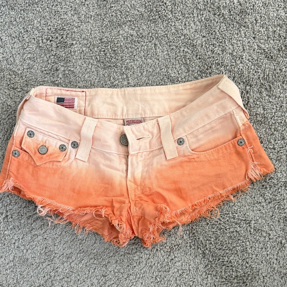 True Religion Peach to Orange Ombre Denim Cutoff Shorts
